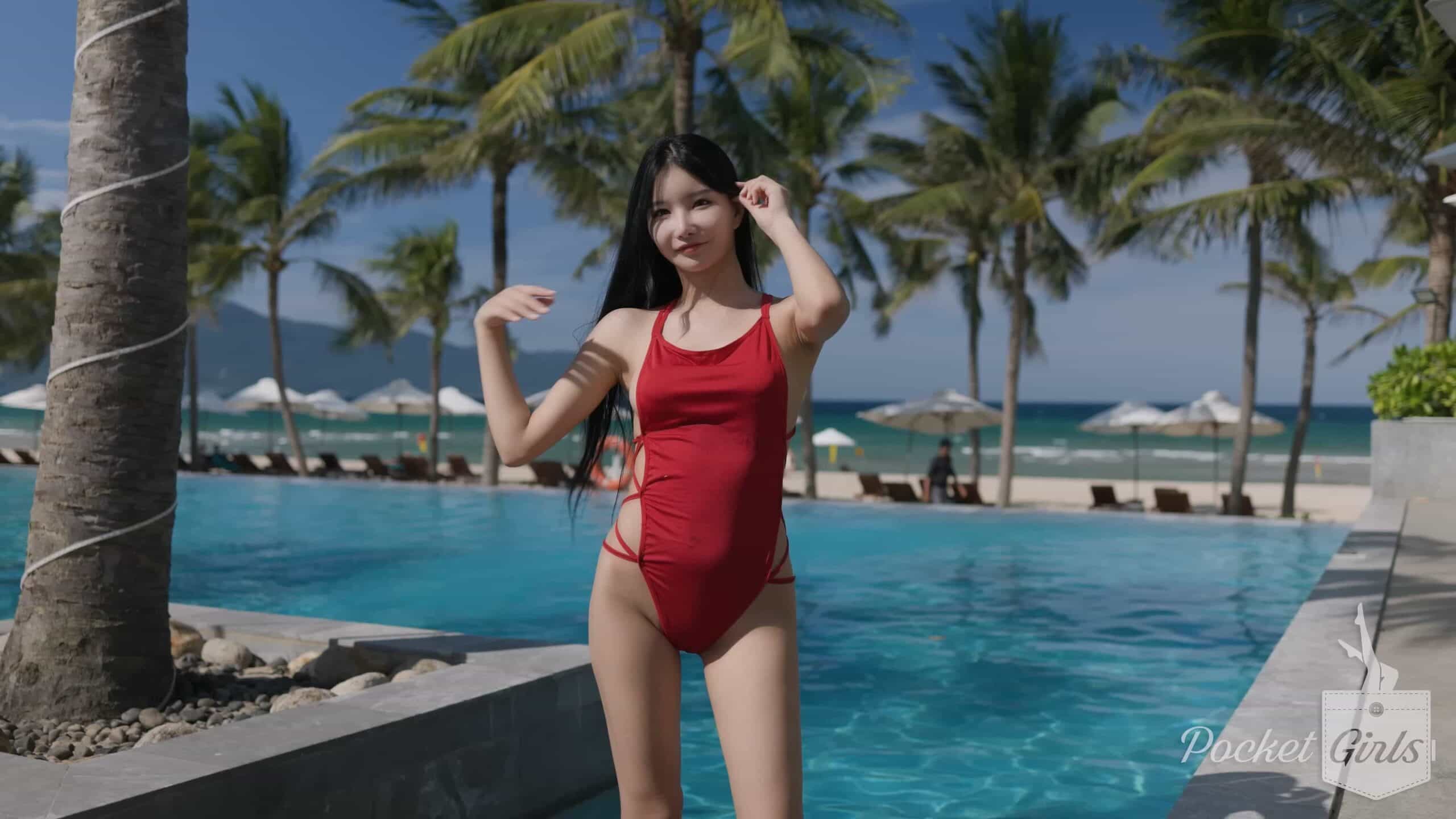 Pool Wading in Vibrant Red Monokini, Yeonji, Pocket Girls, 연지, 포켓걸스 – #00299插图1