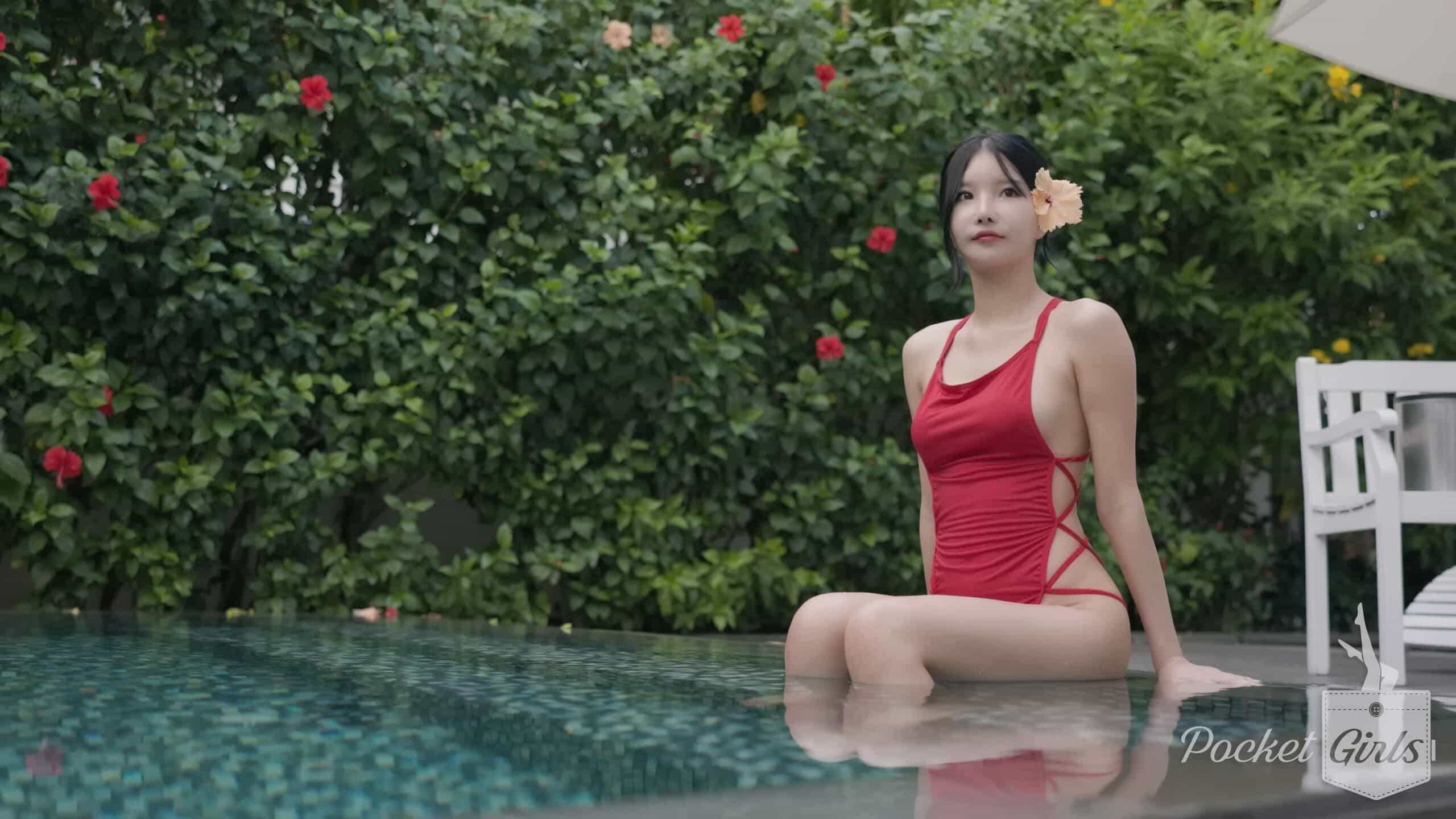 Pool Wading in Vibrant Red Monokini, Yeonji, Pocket Girls, 연지, 포켓걸스 – #00298插图1